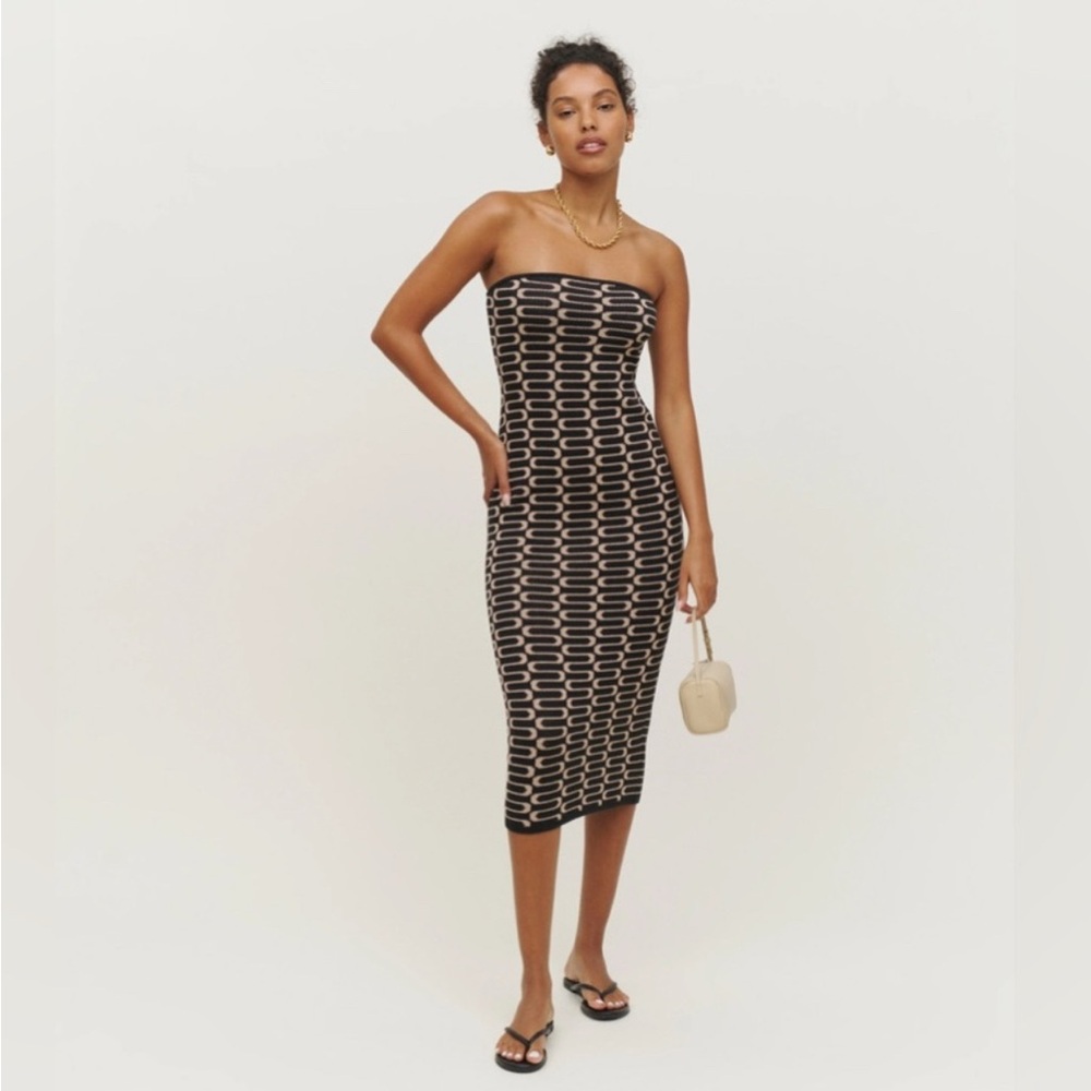 Reformation Black and Cream Strapless Midi Dress